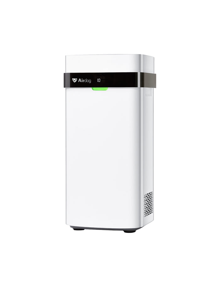 White air purifier with a black top on a white background
